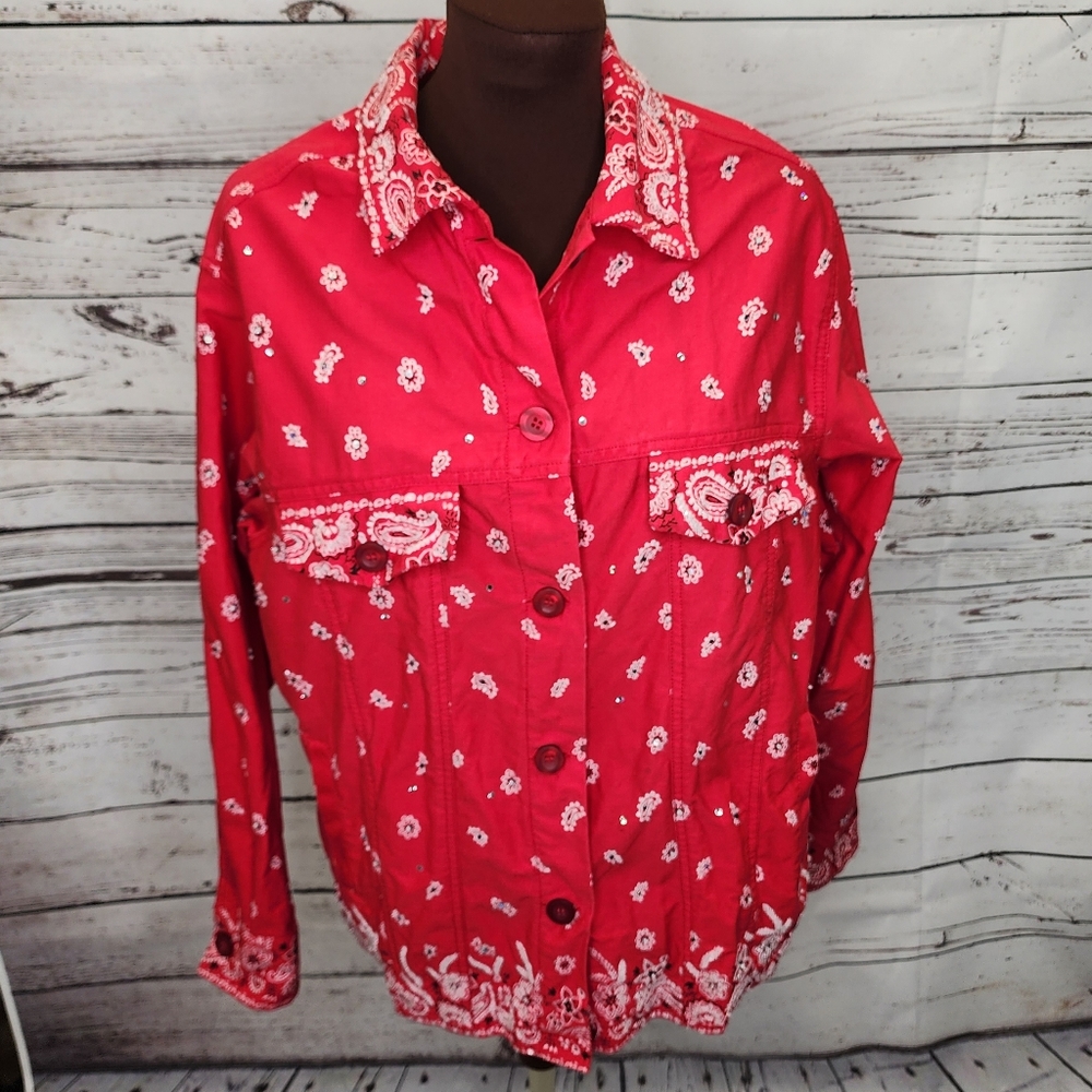 THE QUACKER FACTORY Red & White Embellished Paisley Floral Jacket - Women's M